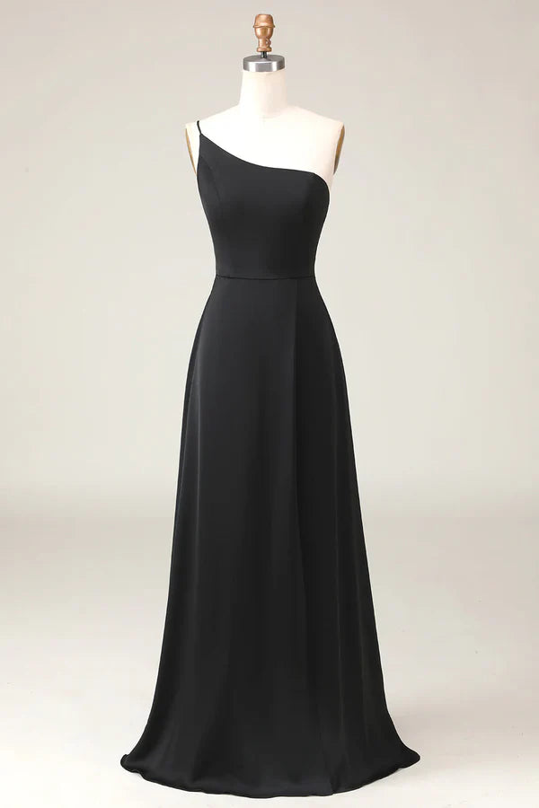 Black A-line Chiffon Shoulder to Floor Bridesmaid Dress Floor Length Evening Dress