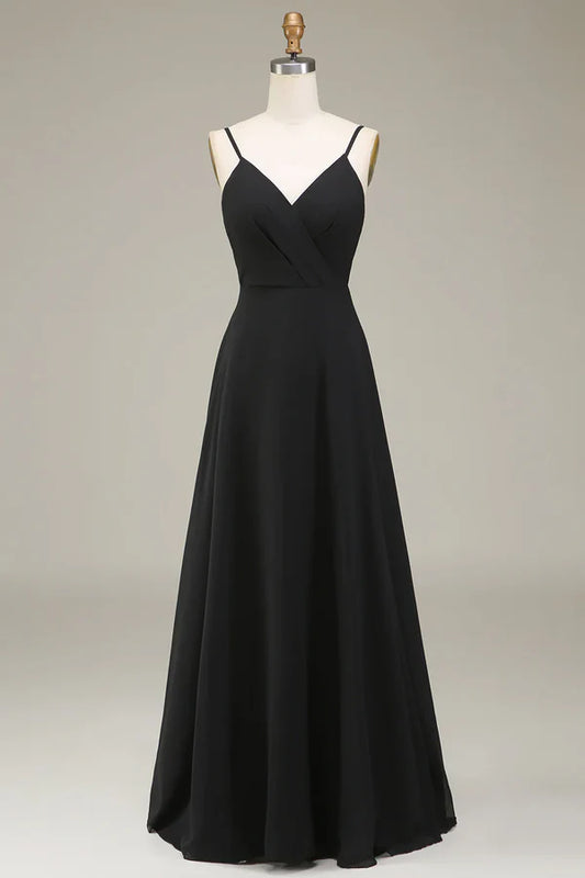 A-line thin shoulder strap black chiffon long bridesmaid dress Evening Dress