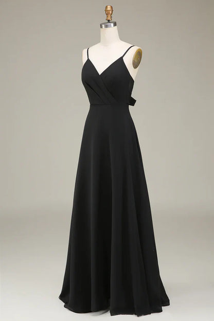 A-line thin shoulder strap black chiffon long bridesmaid dress Evening Dress