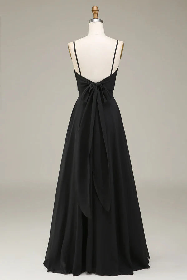 A-line thin shoulder strap black chiffon long bridesmaid dress Evening Dress