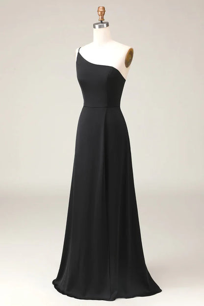 Black A-line Chiffon Shoulder to Floor Bridesmaid Dress Floor Length Evening Dress