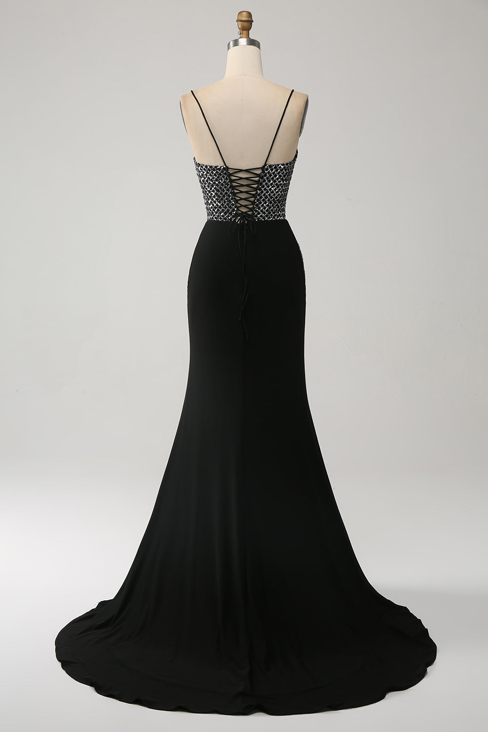 Mermaid Black Spaghetti Straps Long Corset Prom Dress with Slit Sexy Evening Dress
