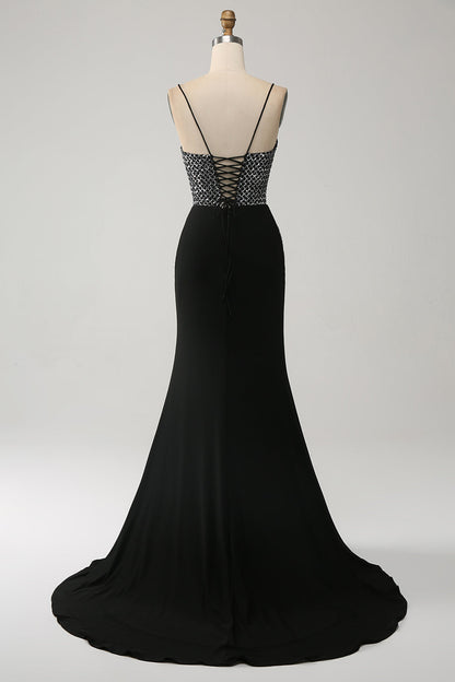 Mermaid Black Spaghetti Straps Long Corset Prom Dress with Slit Sexy Evening Dress