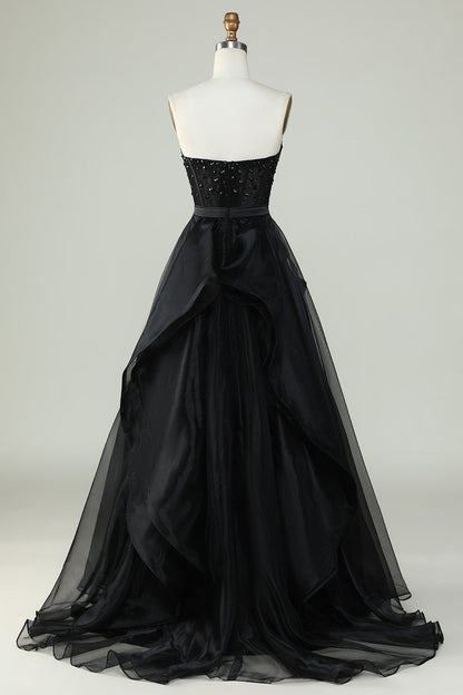 Black Strapless Ball Gown Evening Dress Off Shoulder Floor Length Prom Dress