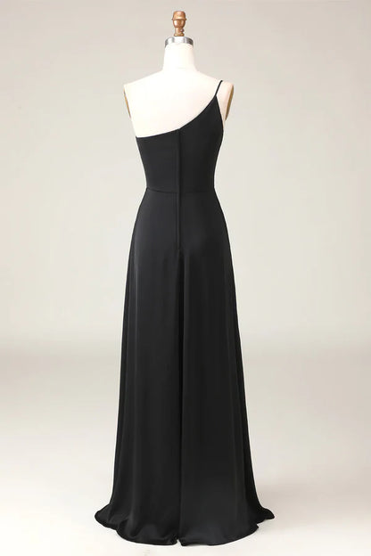 Black A-line Chiffon Shoulder to Floor Bridesmaid Dress Floor Length Evening Dress