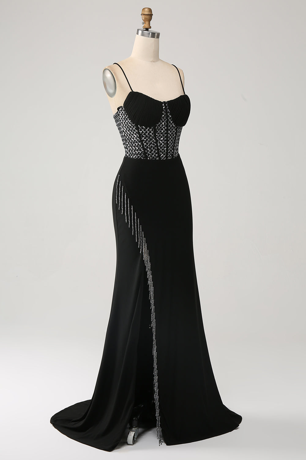 Mermaid Black Spaghetti Straps Long Corset Prom Dress with Slit Sexy Evening Dress