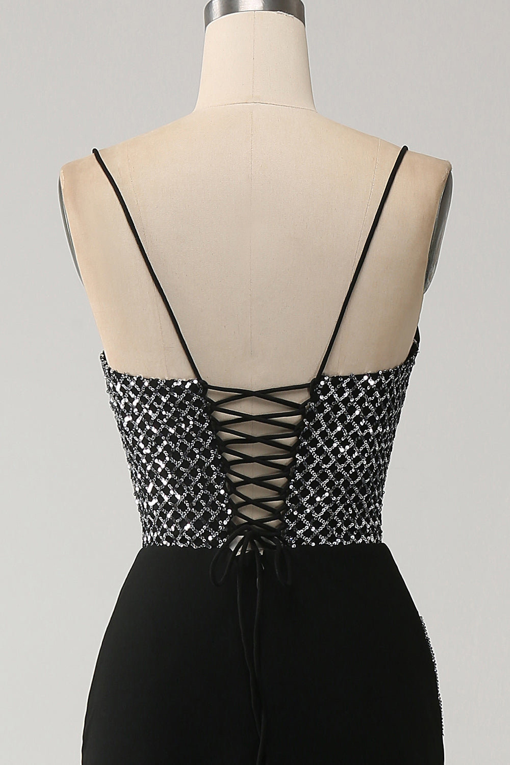 Mermaid Black Spaghetti Straps Long Corset Prom Dress with Slit Sexy Evening Dress