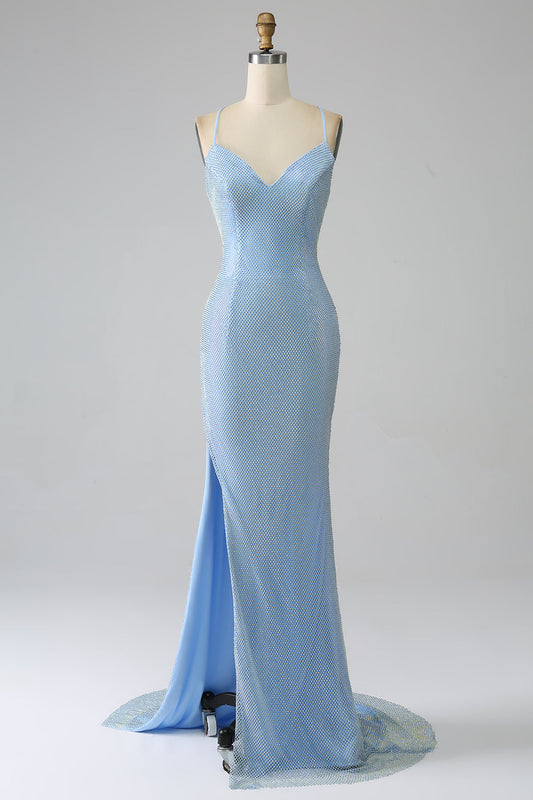 Mermaid Long Prom Dress with Slit V-neck Light Blue Evening Dress