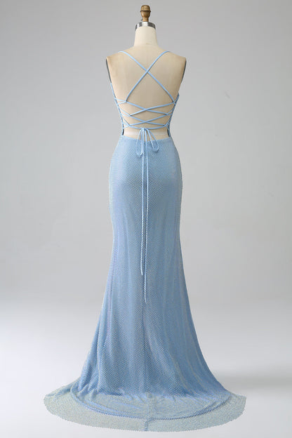 Mermaid Long Prom Dress with Slit V-neck Light Blue Evening Dress
