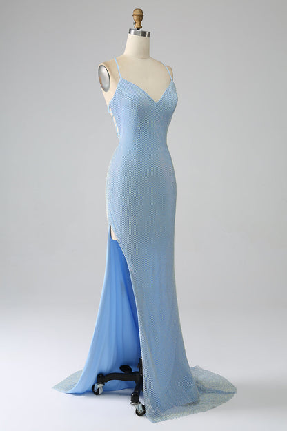 Mermaid Long Prom Dress with Slit V-neck Light Blue Evening Dress