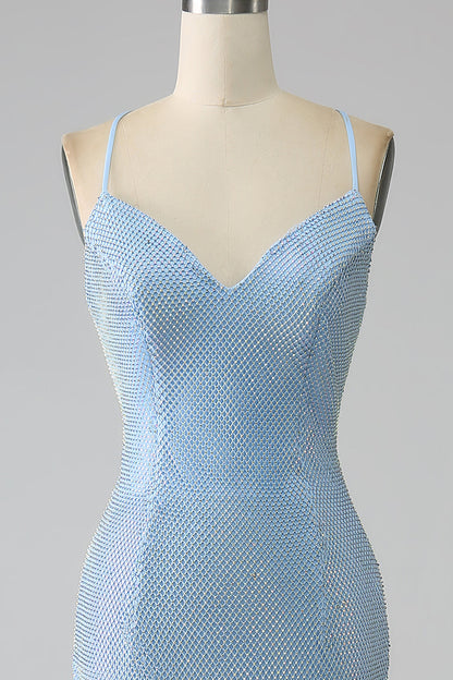 Mermaid Long Prom Dress with Slit V-neck Light Blue Evening Dress