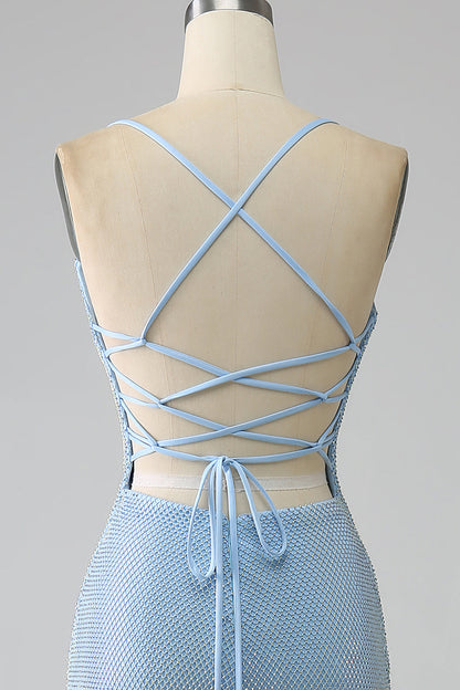 Mermaid Long Prom Dress with Slit V-neck Light Blue Evening Dress