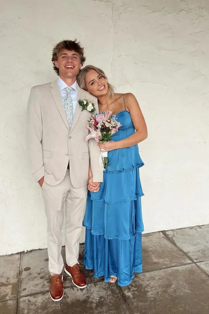 Blue A Line Sleeveless Long Prom Dress Ruffle Wedding Guest Dress Elegant Evening Party Dress