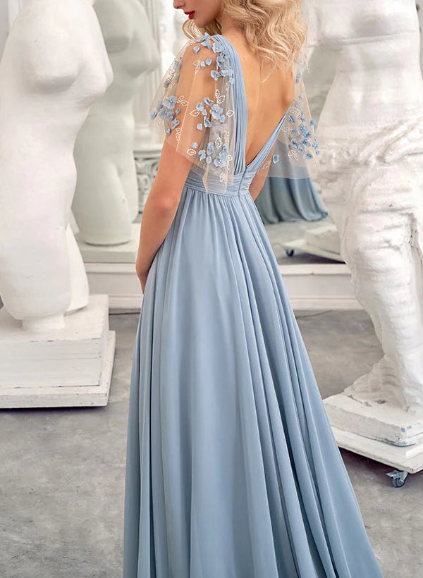 A-Line/Princess V-Neck Floor-Length Long Bridesmaid Dresses Party Dresses Wedding Guest Dresses With Slit