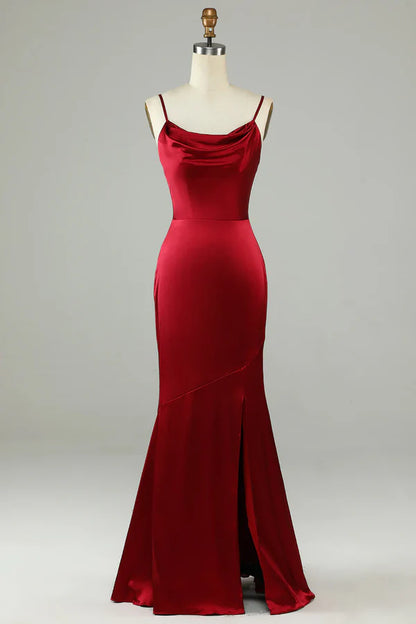 Thin shoulder strap wine red slit long bridesmaid dress Sexy Evening Dress