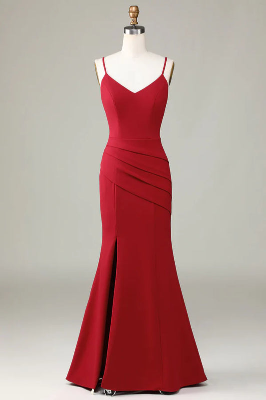 Thin shoulder strap slit sleeveless wine red bridesmaid dress Sexy Evening Dress