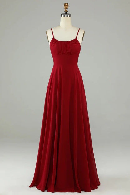 A-line thin shoulder strap wine red long bridesmaid dress Floor Length