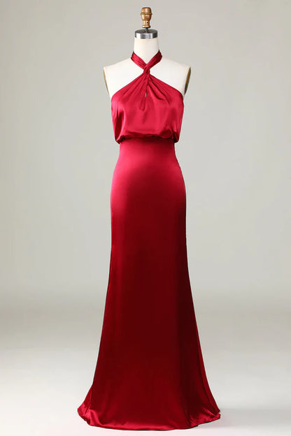 Fish Tail Hanging Neck Sleeveless Wine Red Bridesmaid Dress Floor Length