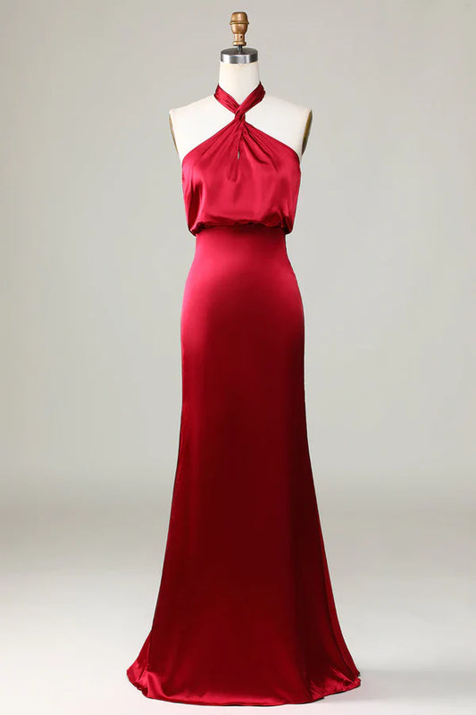 Fish Tail Hanging Neck Sleeveless Wine Red Bridesmaid Dress Floor Length