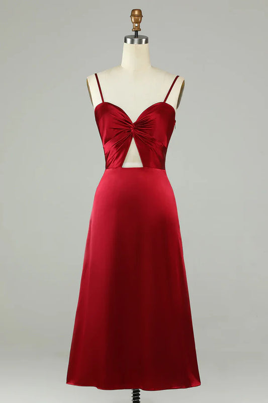 Hollow wine red thin shoulder strap bridesmaid dress Short Party Dress