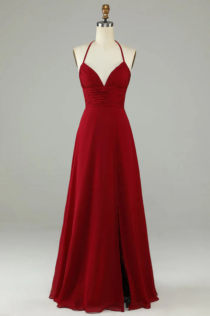 Split A-shaped neck wine red long bridesmaid dress Floor Length Evening Dress