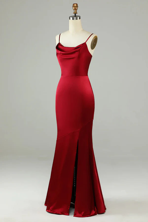 Thin shoulder strap wine red slit long bridesmaid dress Sexy Evening Dress