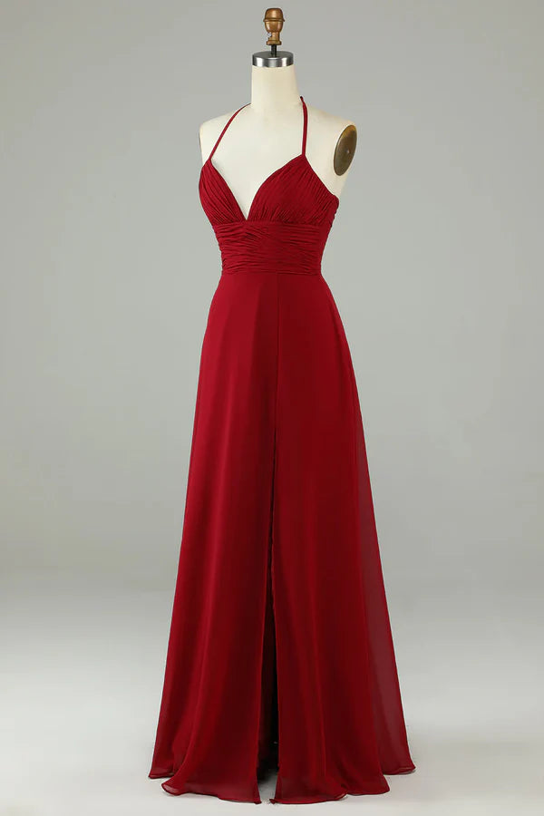 Split A-shaped neck wine red long bridesmaid dress Floor Length Evening Dress