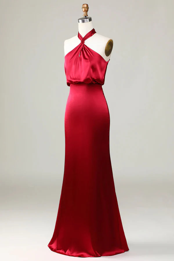 Fish Tail Hanging Neck Sleeveless Wine Red Bridesmaid Dress Floor Length