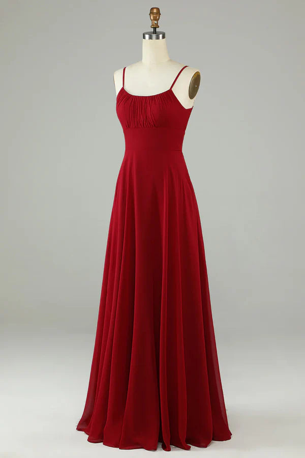 A-line thin shoulder strap wine red long bridesmaid dress Floor Length