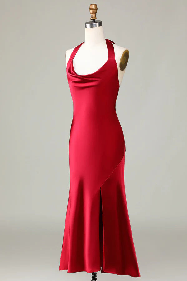 Hanging neck sleeveless wine red slit long bridesmaid dress Solid Color