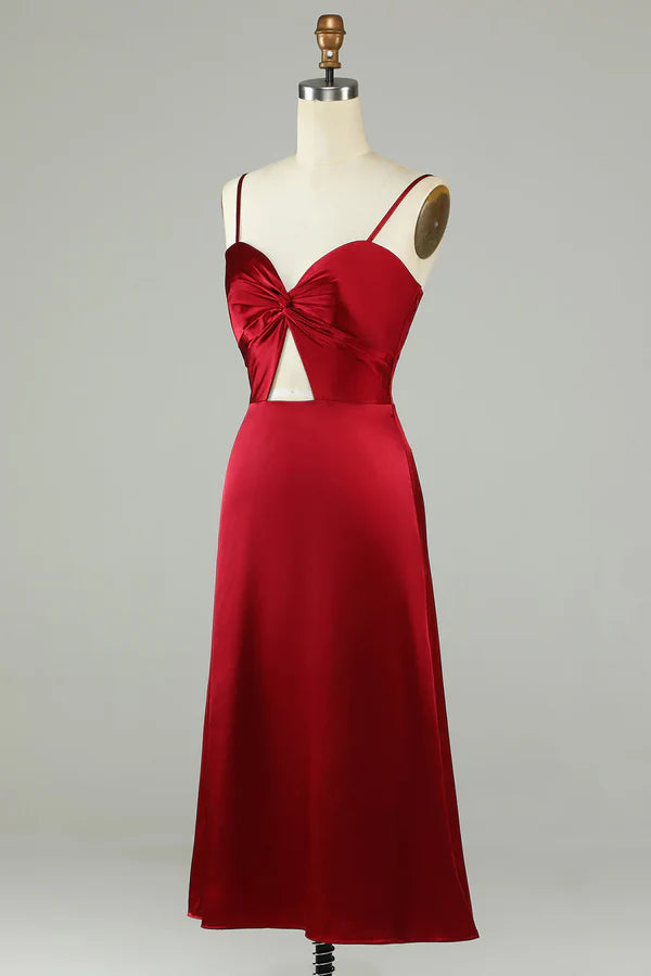 Hollow wine red thin shoulder strap bridesmaid dress Short Party Dress