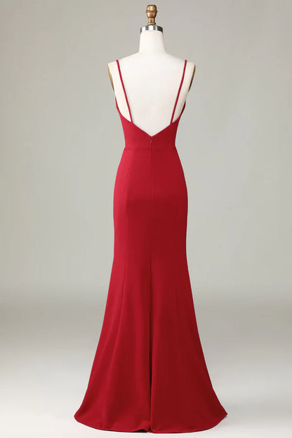 Thin shoulder strap slit sleeveless wine red bridesmaid dress Sexy Evening Dress