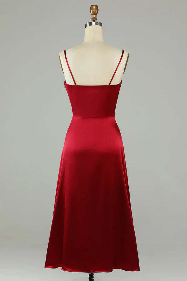 Hollow wine red thin shoulder strap bridesmaid dress Short Party Dress