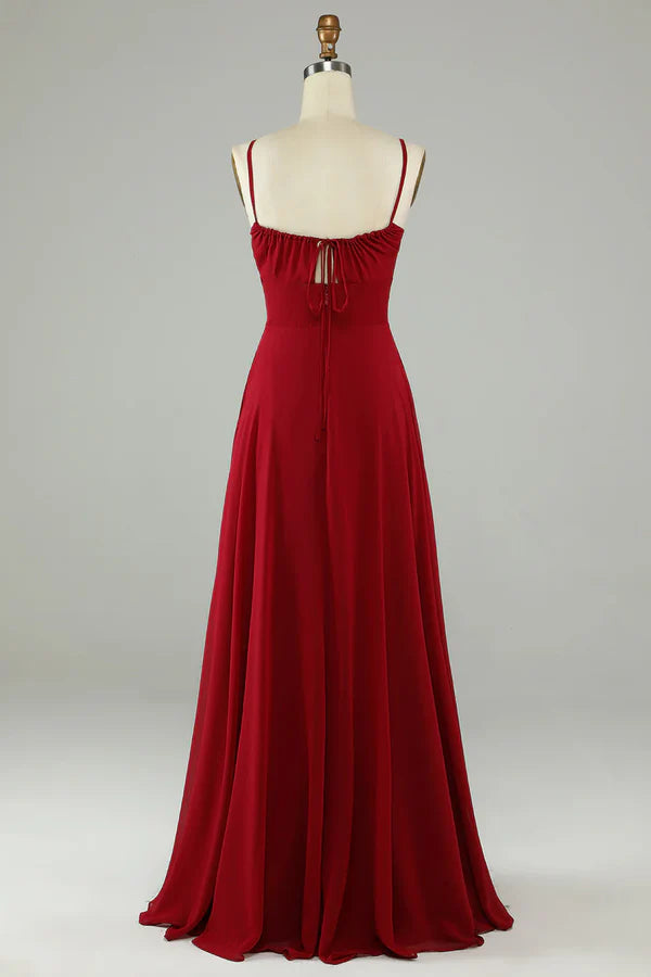 A-line thin shoulder strap wine red long bridesmaid dress Floor Length