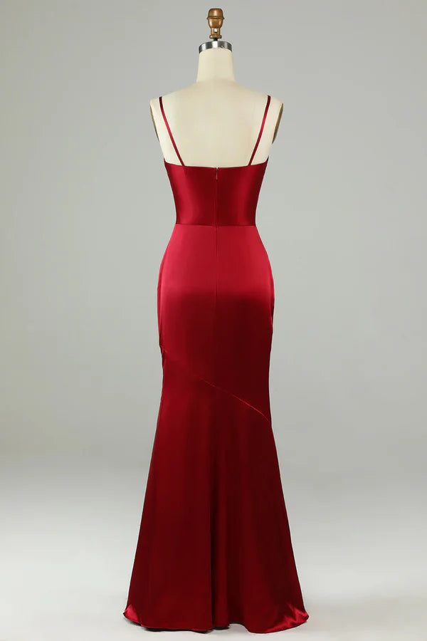 Thin shoulder strap wine red slit long bridesmaid dress Sexy Evening Dress