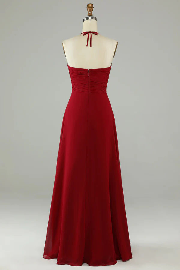 Split A-shaped neck wine red long bridesmaid dress Floor Length Evening Dress