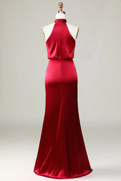 Fish Tail Hanging Neck Sleeveless Wine Red Bridesmaid Dress Floor Length