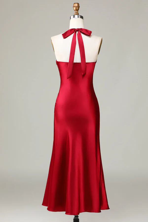 Hanging neck sleeveless wine red slit long bridesmaid dress Solid Color