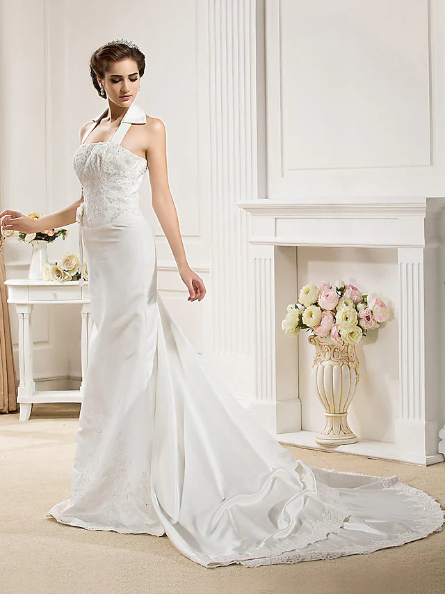 Wedding Dresses Halter Neck Court Train Satin Sleeveless with Appliques