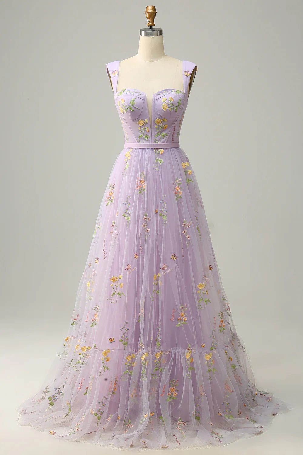 A-Line Lilac Champagne Embroidery Long Prom Dress