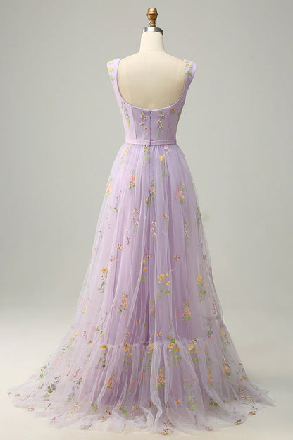 A-Line Lilac Champagne Embroidery Long Prom Dress