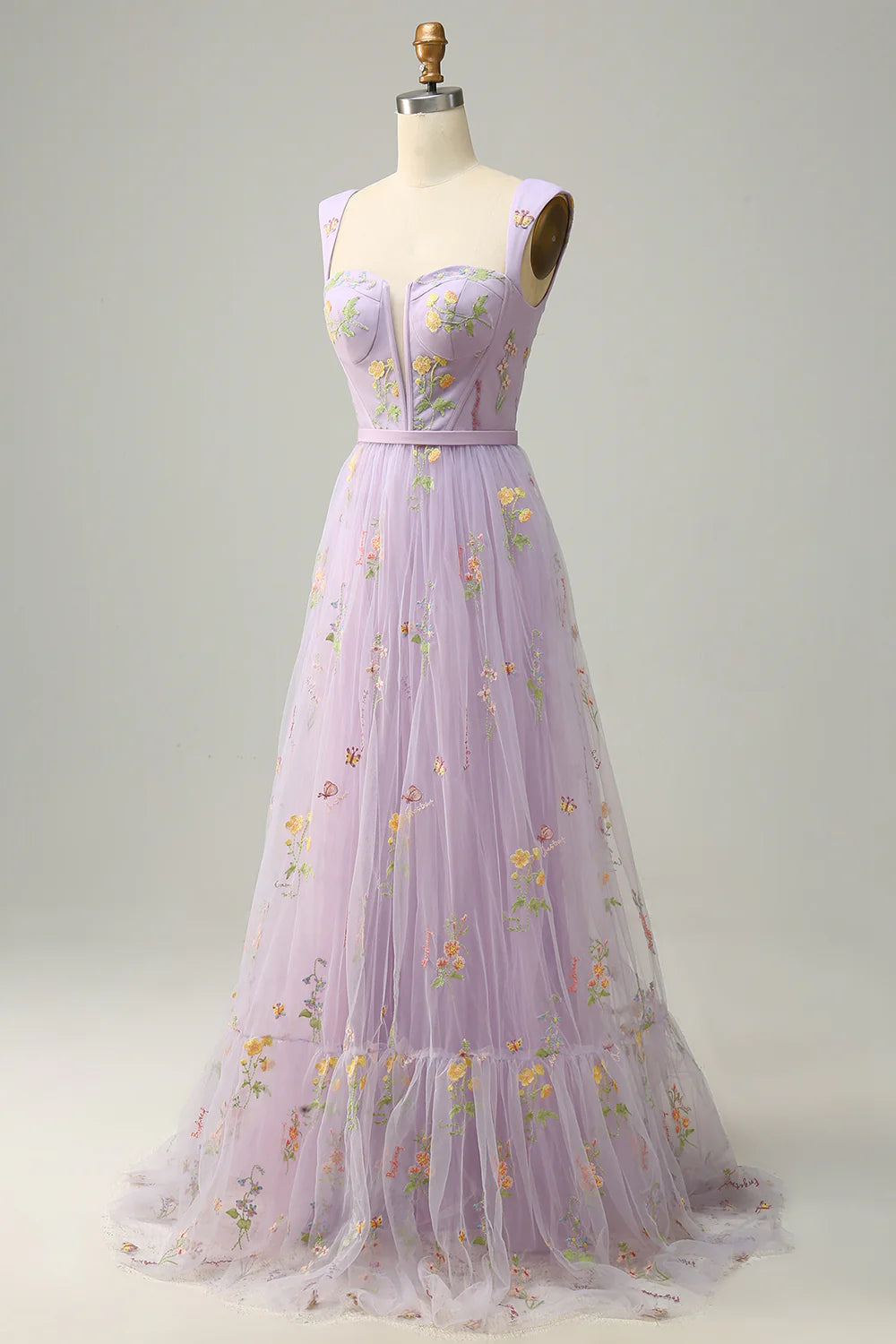 A-Line Lilac Champagne Embroidery Long Prom Dress