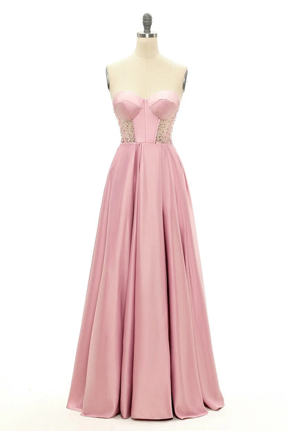 Strapless Blush Beaded Sweetheart Long Prom Dress