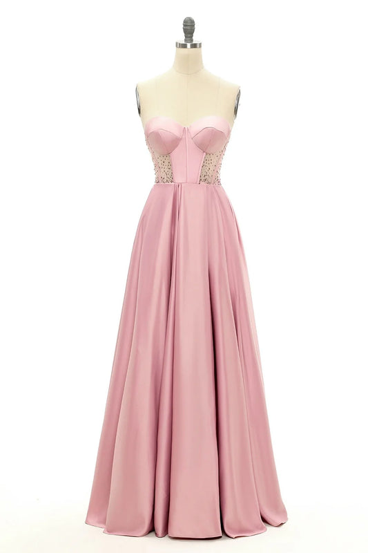 Strapless Blush Beaded Sweetheart Long Prom Dress