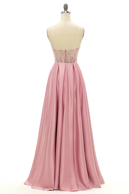 Strapless Blush Beaded Sweetheart Long Prom Dress