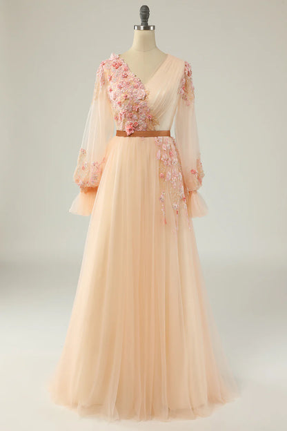 A Line V Neck Long Sleeve Apricot Long Prom Dress with Appliques