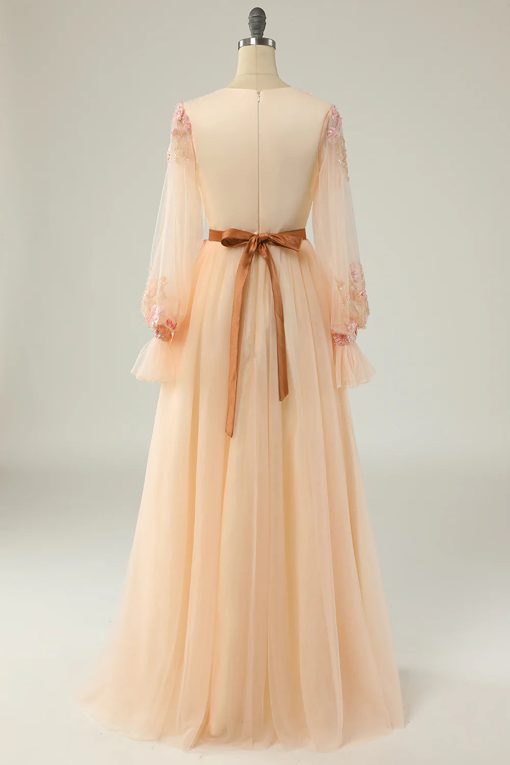 A Line V Neck Long Sleeve Apricot Long Prom Dress with Appliques