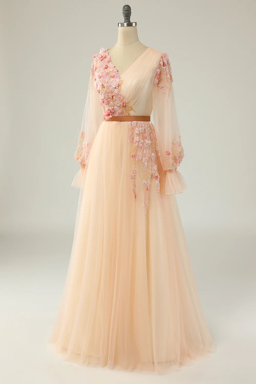 A Line V Neck Long Sleeve Apricot Long Prom Dress with Appliques