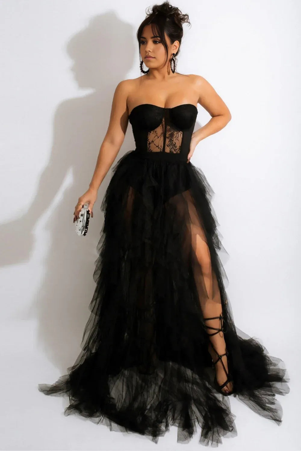 Prom Dress Wedding Guest Evening Party Court Train Tulle Black Prom Dress with Slit