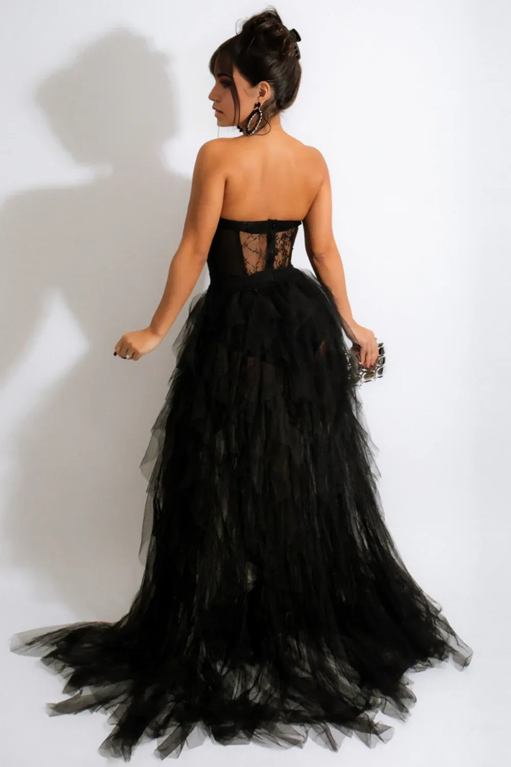 Prom Dress Wedding Guest Evening Party Court Train Tulle Black Prom Dress with Slit